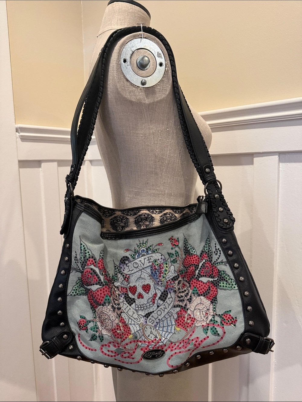 Ed Hardy "Love Kills Slowly" denim hobo shoulder bag